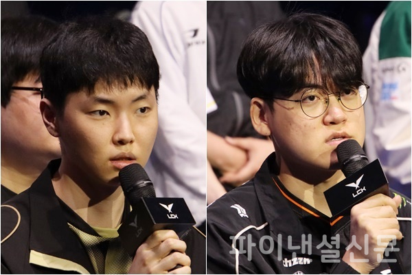 젠지의 '쵸비' 정지훈(왼쪽)과 한화생명e스포츠의 '구마유시' 이민형(오른쪽)이 기자들의 질의에 답변하고 있다. (사진=황병우 기자)