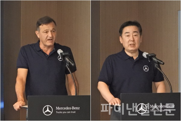 지난 10일 오후 충남 아산 메르세데스-벤츠 트럭 스타센터에서 진행된 기자간담회에서 안토니오 란다조 스타트럭코리아 CEO(왼쪽)와 동근태 스타트럭코리아 대표이사(오른쪽)가 그동안의 성과와 신형 덤프트럭에 대한 소개를 하고있다. (사진=황병우 기자)