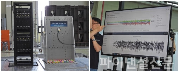 한국에스지에스 동탄시험소에서 진행된 모의 지진시험을 통해 센서가 진동데이터를 보내고 있는 모습. (사진=황병우 기자)