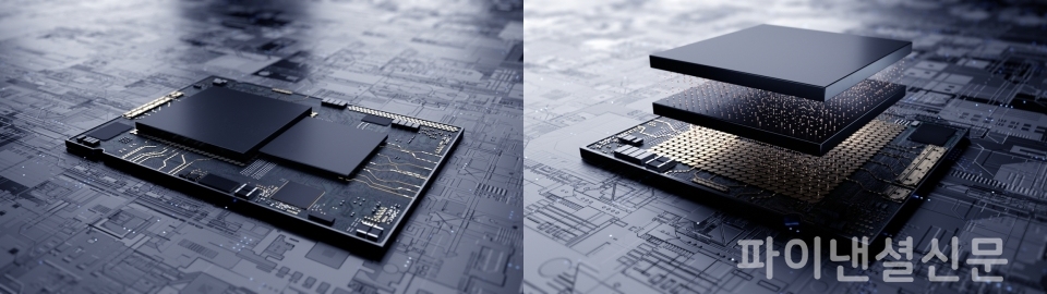 삼성전자, 최첨단 EUV 시스템반도체에 3차원 적층 기술 업계최초 적용(왼쪽 기존 시스템반도체의 평면 설계, 오른쪽 삼성전자의 3차원 적층 기술 'X-Cube'를 적용한 시스템반도체의 설계)/사진=삼성전자